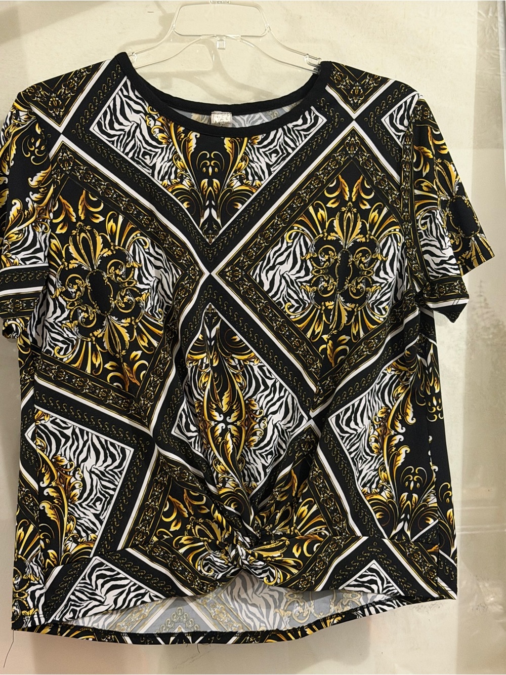 Love Nation Black, Gold & White Short Sleeve Twist-Front Top